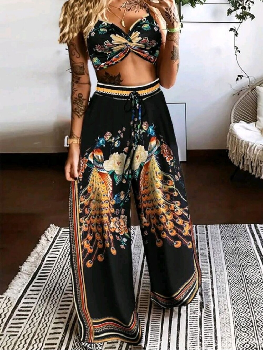 Phoenix Printed Knot Crop Top And Drawstring Waist Long Pants Set